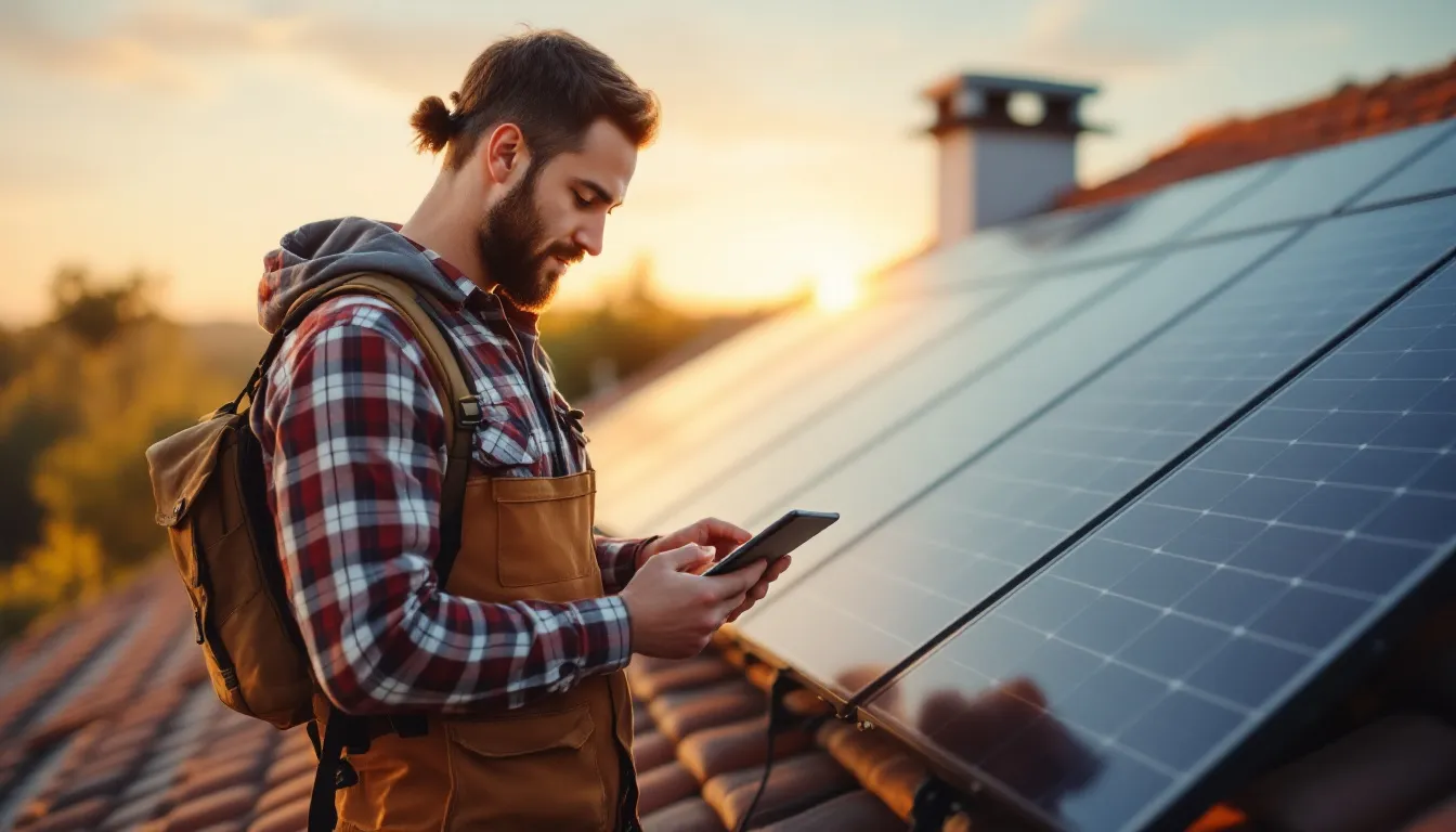 Instalador solar revisando datos de producción energética en tablet sobre cubierta residencial