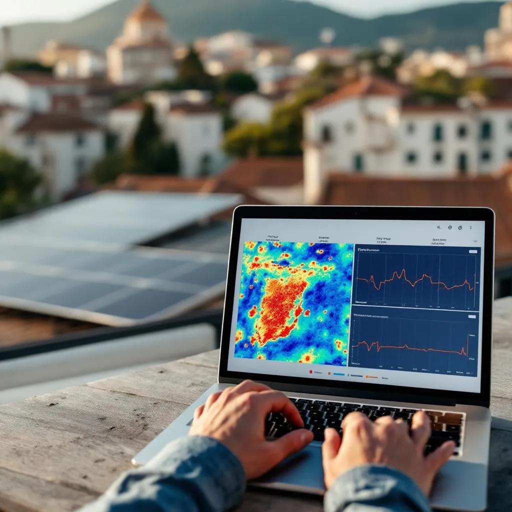 Dashboard de análisis solar con mapa de irradiancia sobre tejados españoles en pantalla de ordenador