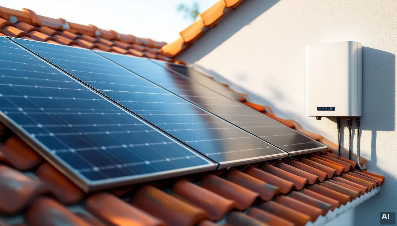 Inversor solar moderno instalado en garaje residencial con indicadores de conectividad activos