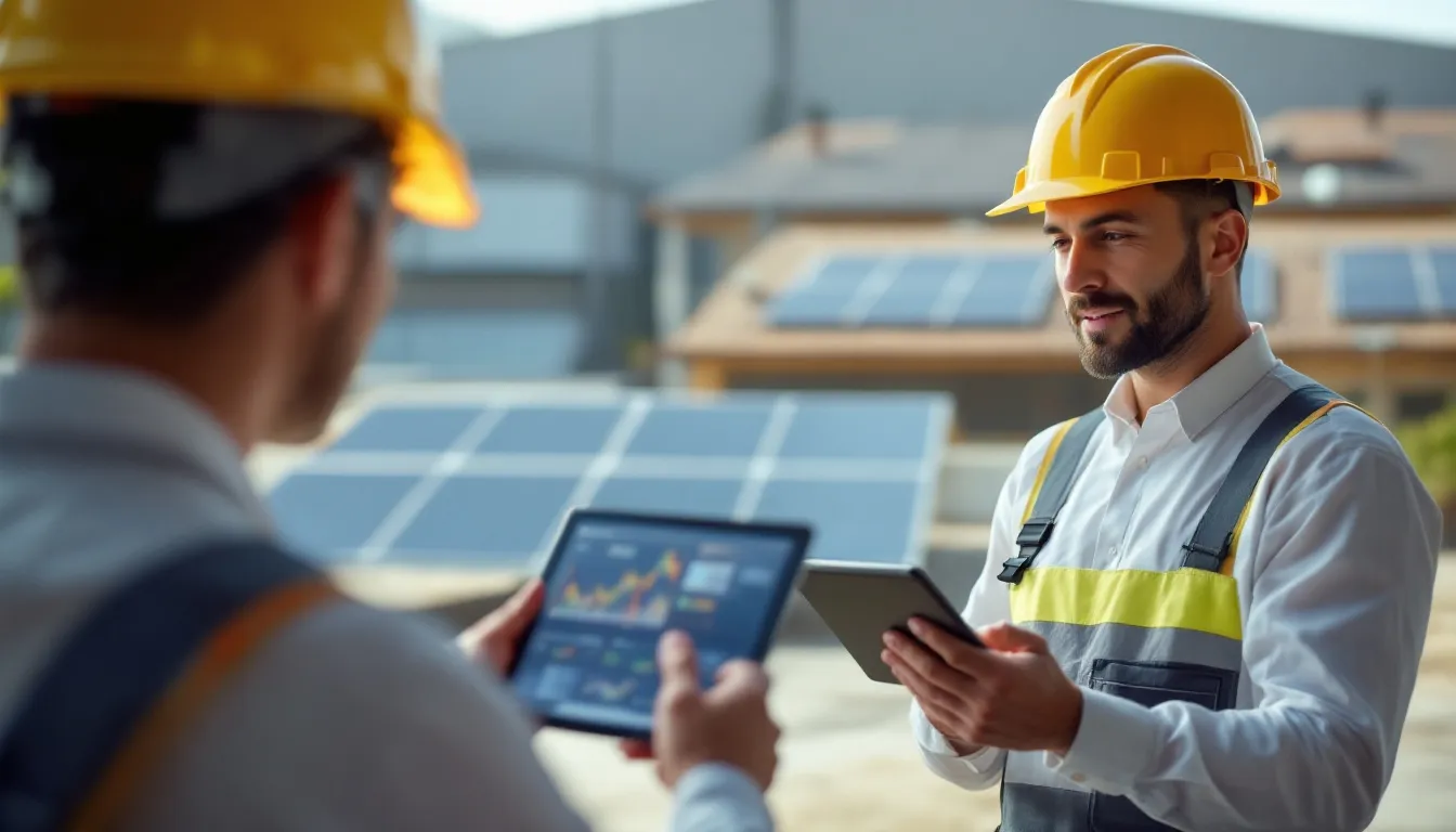 Instalador solar revisando datos en tablet frente a nave industrial con autoconsumo solar