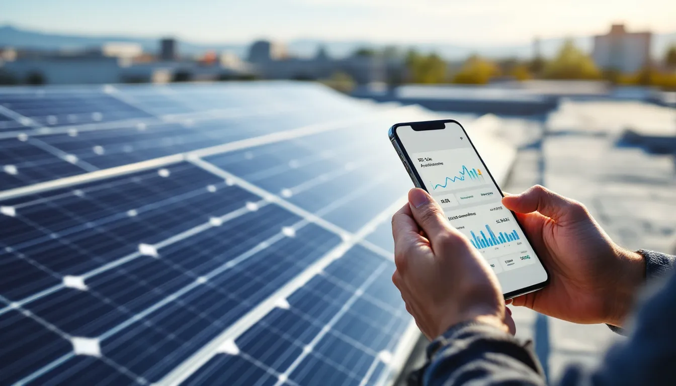 Instalador solar revisando métricas de automatización comercial en su smartphone