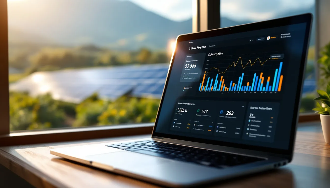 Pipeline de ventas solar digitalizado en pantalla de ordenador portátil con instalación fotovoltaica al fondo