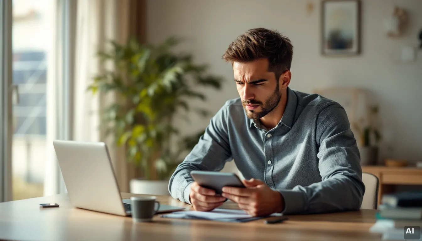 Comercial solar revisando datos de energía renovable en tablet durante visita a cliente