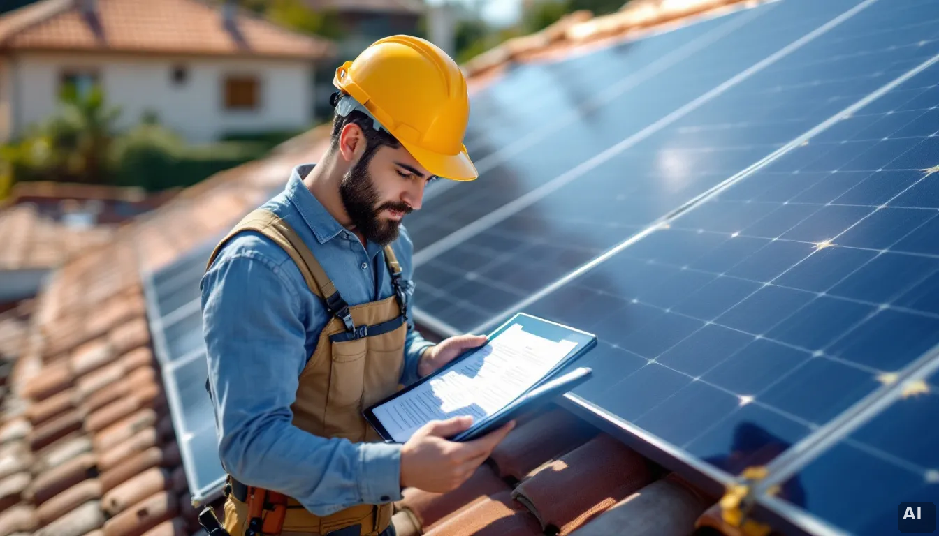 Instalador solar revisando documentación del RD 7/2026 en tablet frente a instalación residencial
