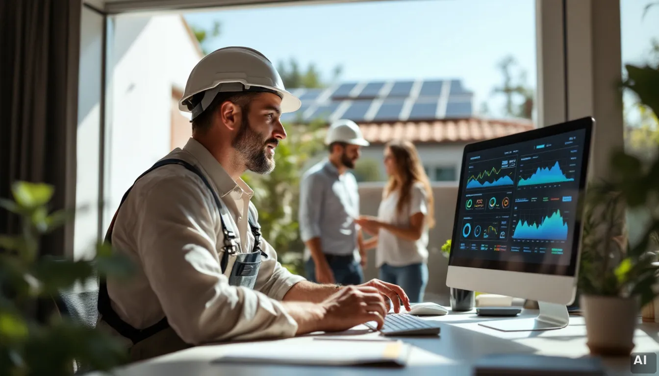 Instalador solar explicando compensación de excedentes a cliente en España