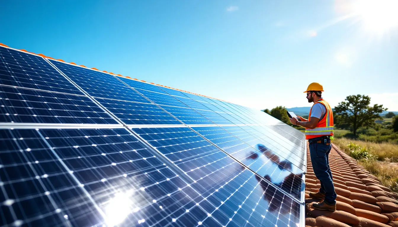 Instalación solar residencial en tejado español bajo sol de mediodía con técnico revisando datos