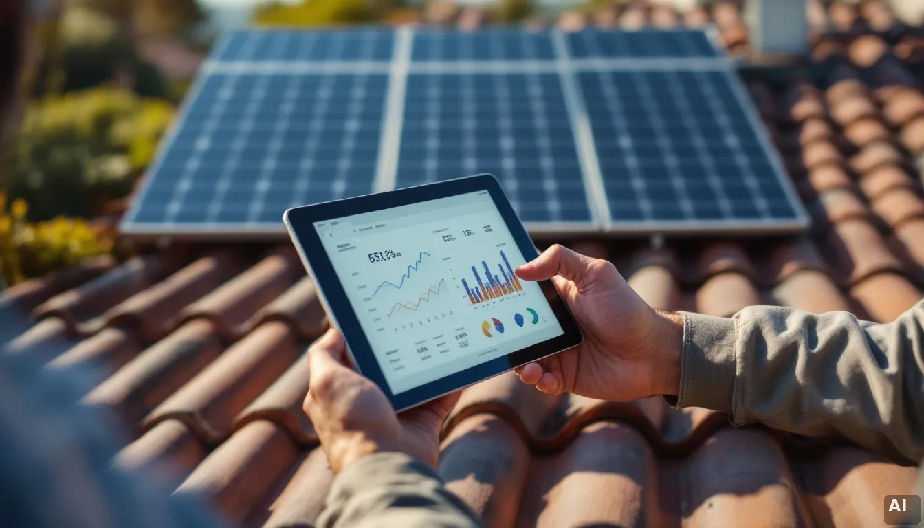 Instalador solar revisando datos de ventas en tablet en tejado con paneles fotovoltaicos de fondo