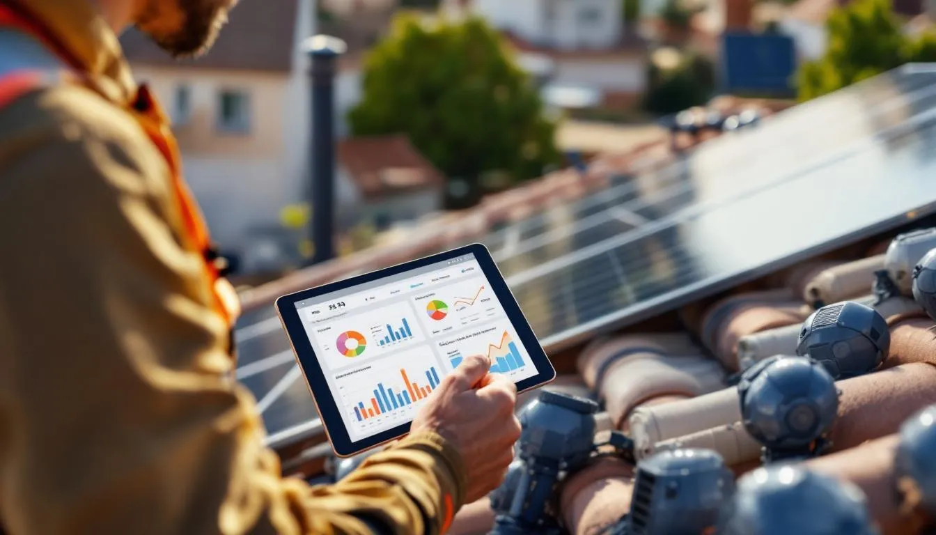 Instalador solar revisando datos de ventas en tablet sobre tejado con paneles solares