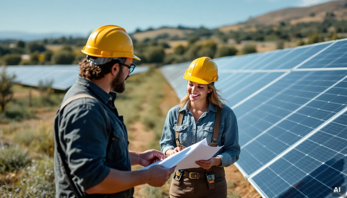 Instalador solar reunido con representantes de una comunidad energética en España