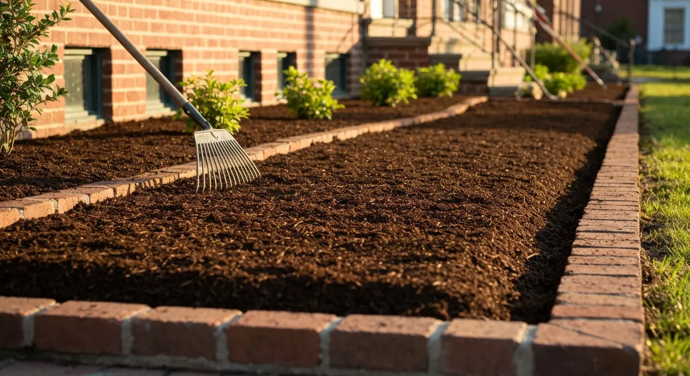 Fresh mulch installation in Baltimore City garden bed
