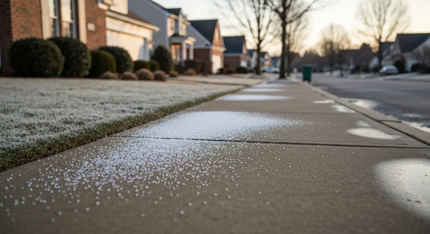 Ice melt application on sidewalk