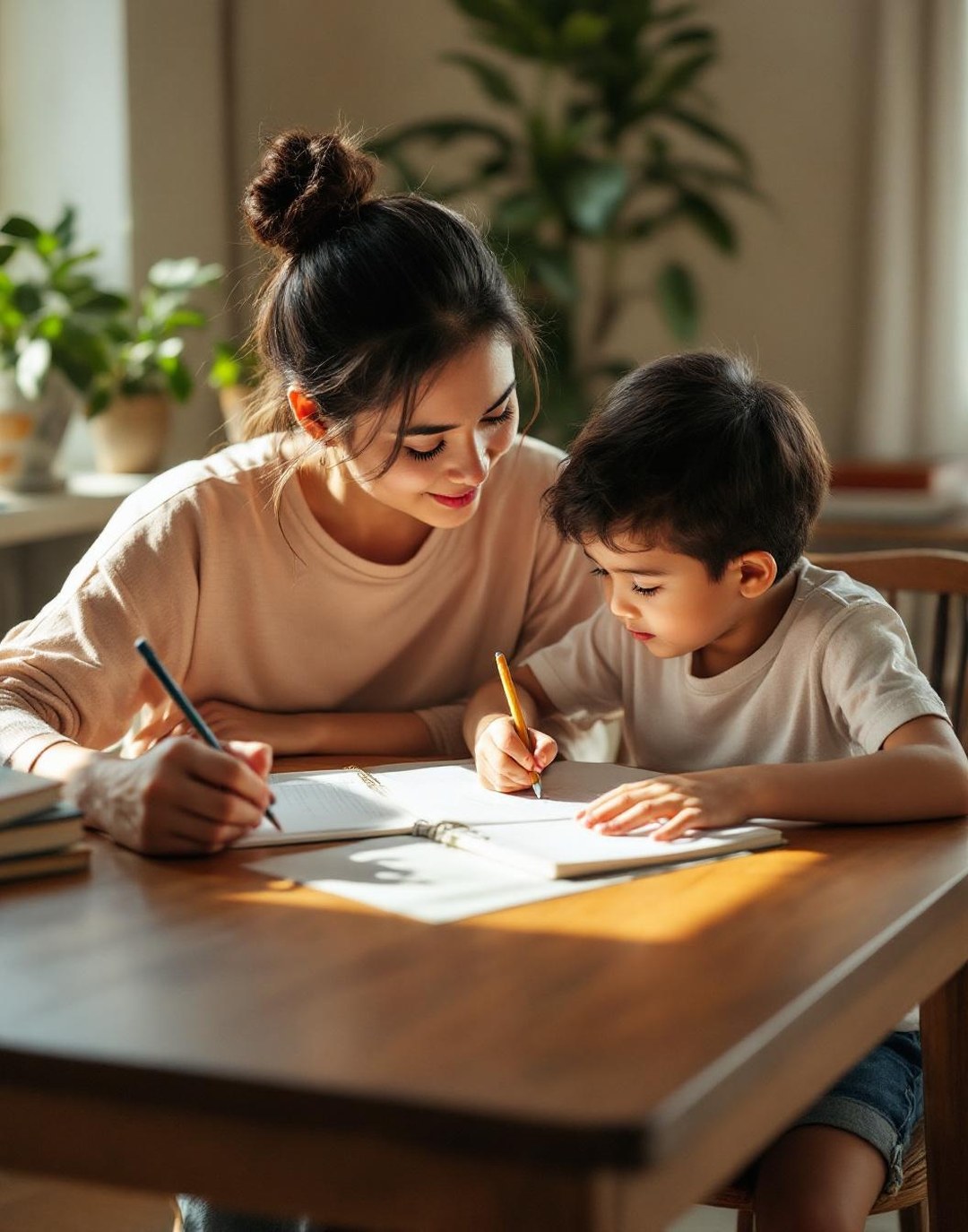 A parent and child learning together at home