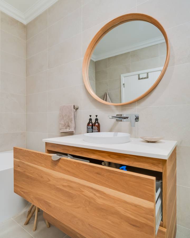 Main bathroom: Custom timber vanity with soft-close drawers