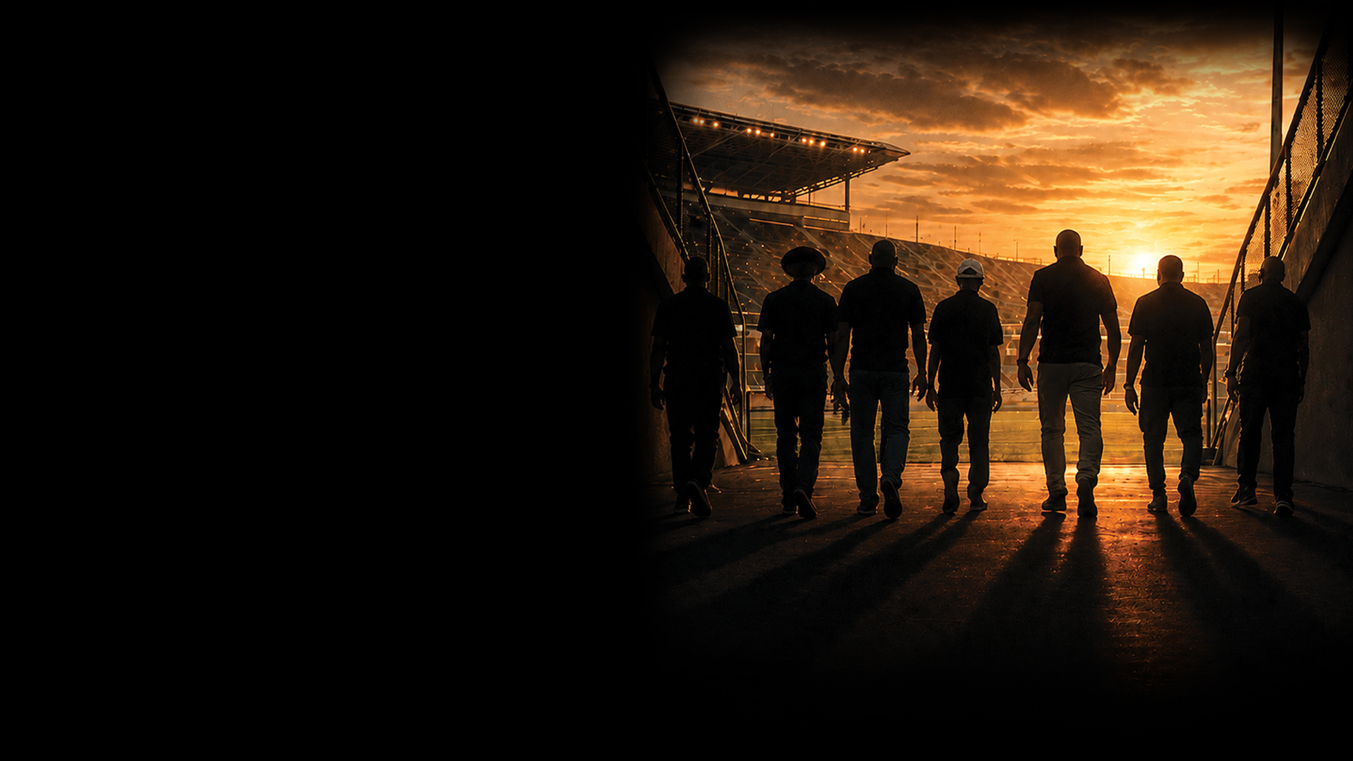 The Strike Squad walking out of the stadium tunnel at sunset