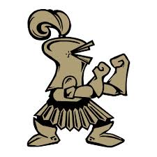 Delone Catholic High School mascot logo featuring a gold armored knight in a fighting stance