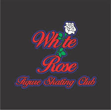 White Rose Figure Skating Club logo with red and blue script and a white rose on a dark background
