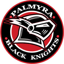 Palmyra Black Knights hockey team logo featuring a black knight helmet with red, black, and white circular design