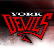 York Devils hockey team logo in red and black with stylized text and tail design
