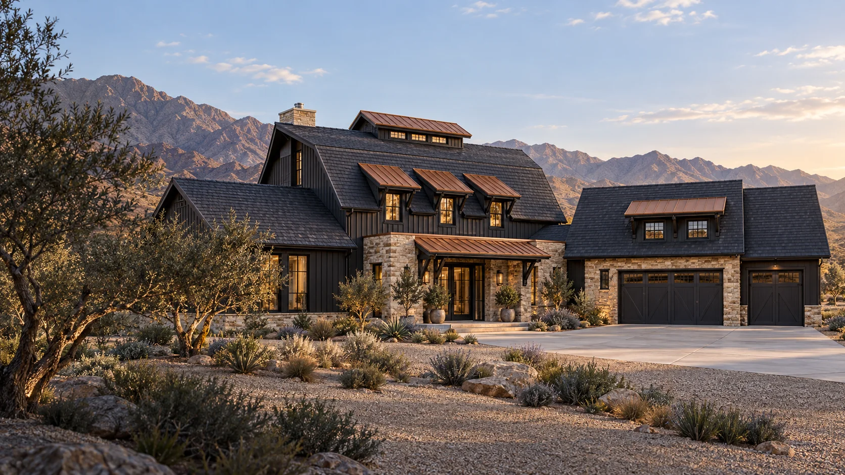 Nevada design concept: black slate-style roofing, copper accents, black board-and-batten siding, and warm limestone