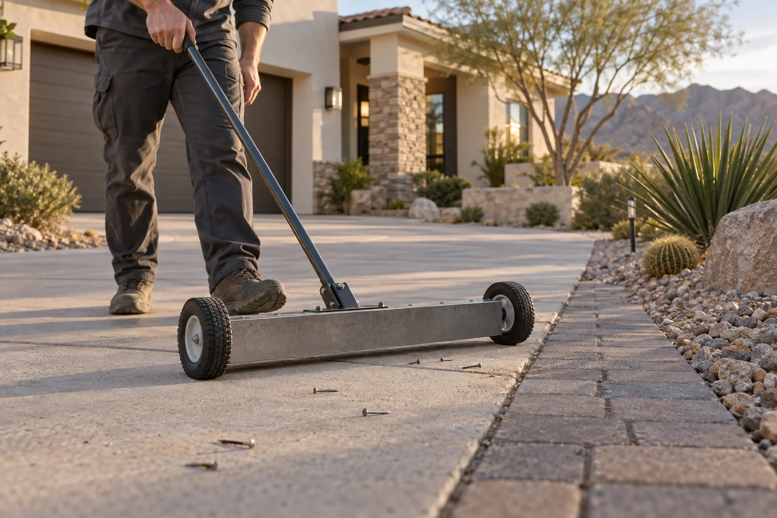 Illustrative view of a worker using a wheeled magnetic nail sweeper along a driveway
