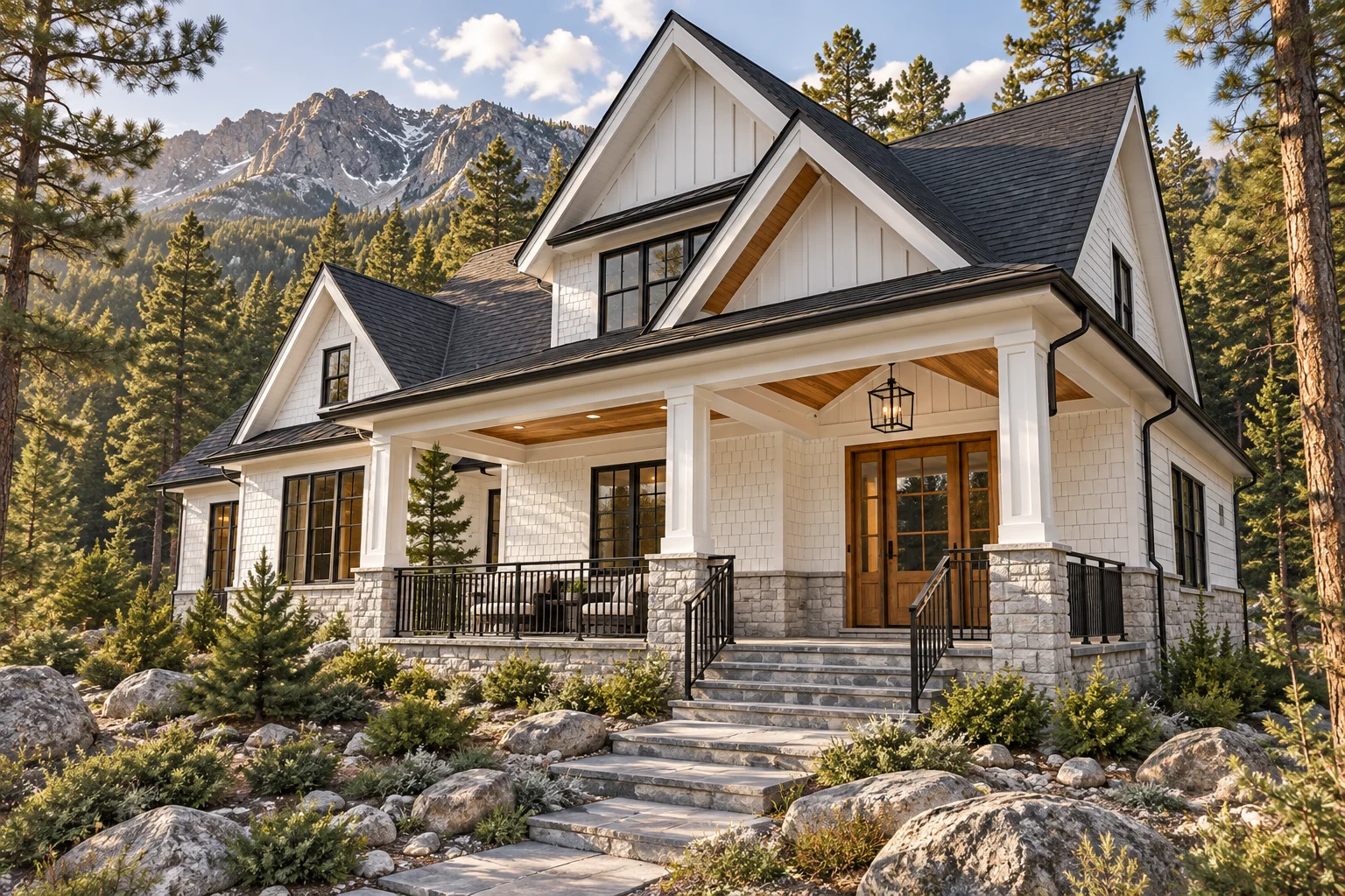 Mountain-home design concept inspired by the supplied exterior references. Illustrative architecture.