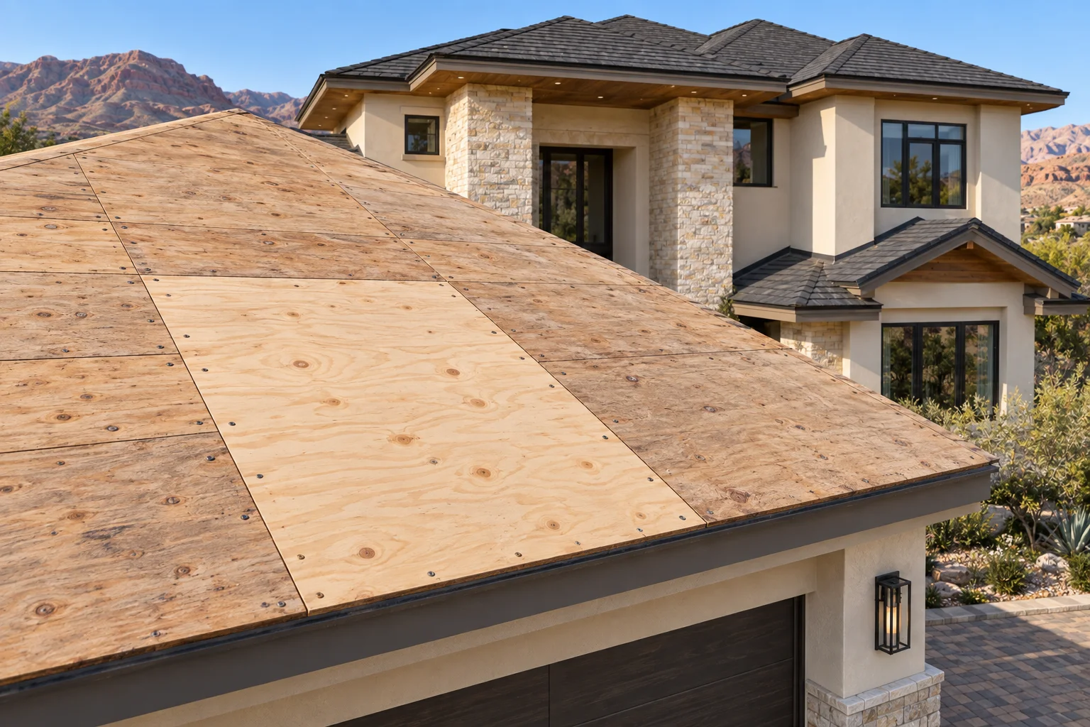 Illustrative Nevada project: Deck inspection and replacement plywood before the protective layers go on.