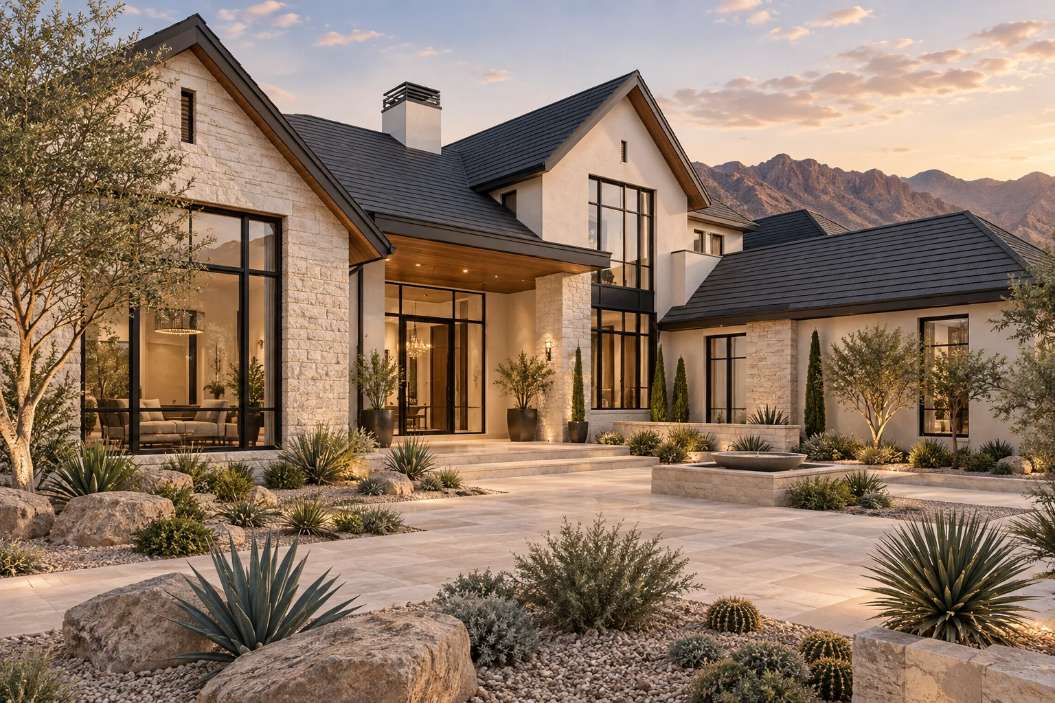 Conceptual 3D exterior design: cream facade, charcoal roof, black windows, wood soffits, and desert landscaping