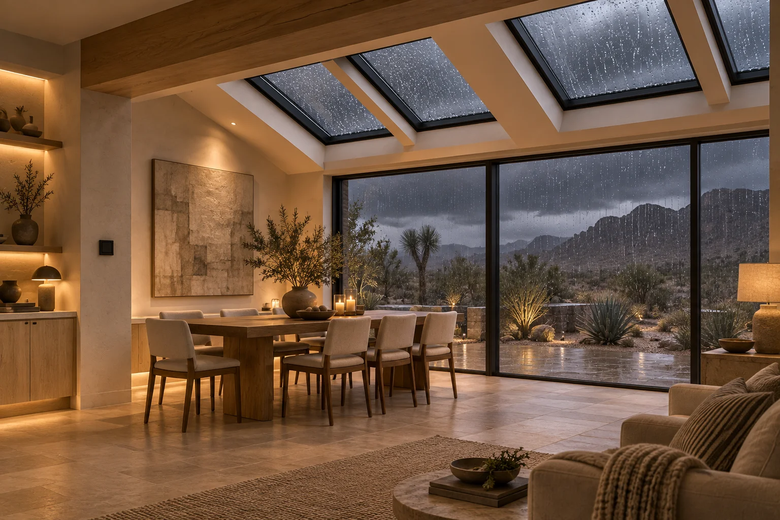 Design concept: a warm, dry Nevada interior beneath rain-covered skylights on a stormy day