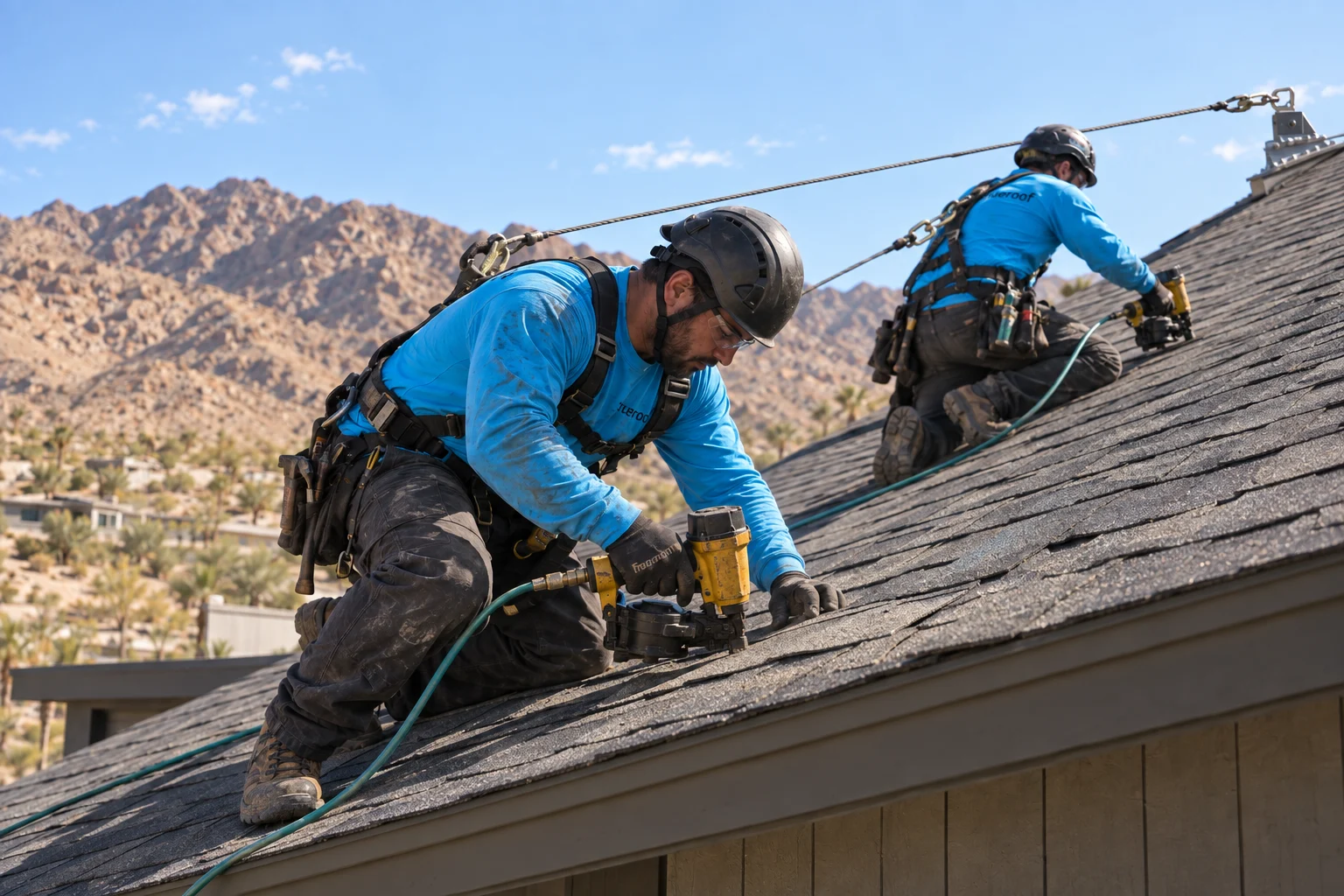 Nevada workwear concept: TrueRoof roofing installers in cyan uniforms