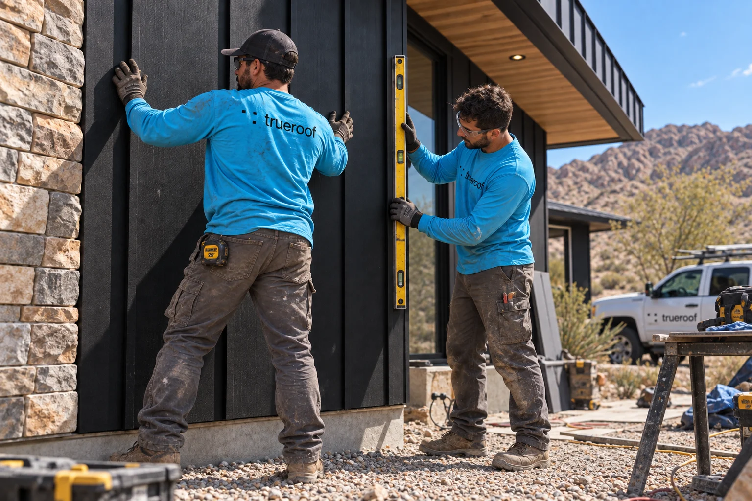 Nevada workwear concept: TrueRoof siding installers in cyan uniforms