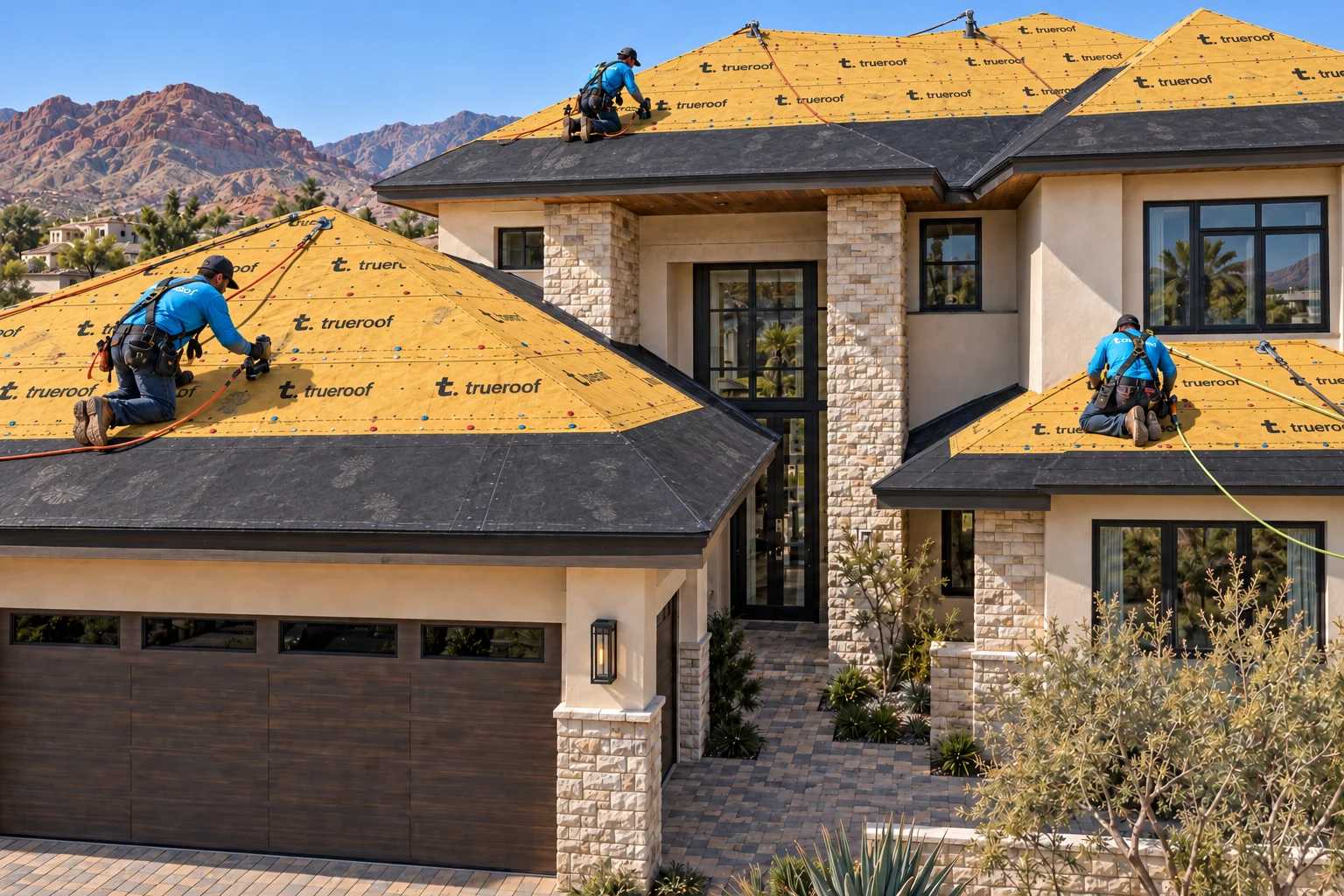 Illustrative Nevada project: TrueRoof-branded underlayment, extended water protection, and a copper valley design option.