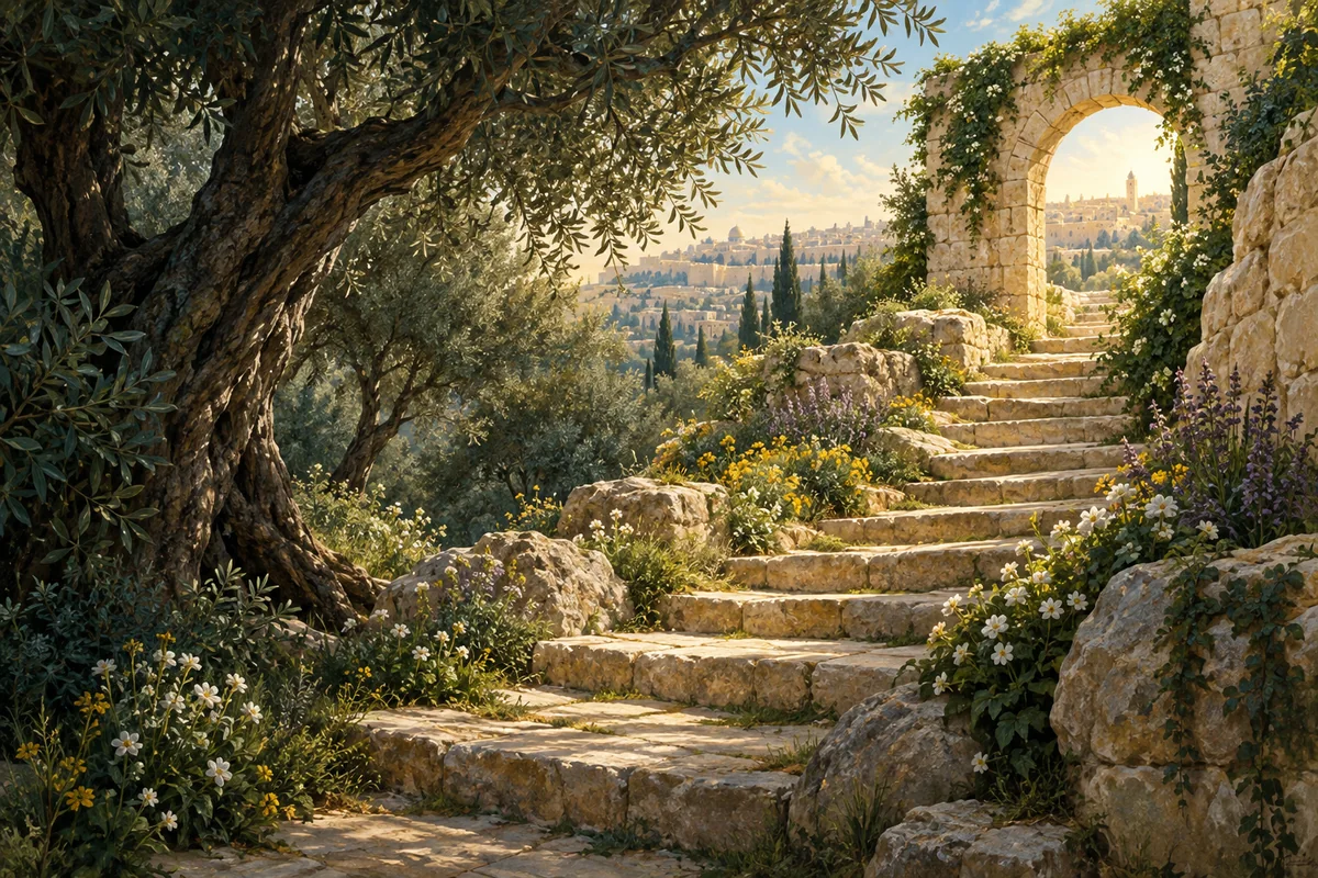 Illustration of a sunlit stone path rising through olive trees