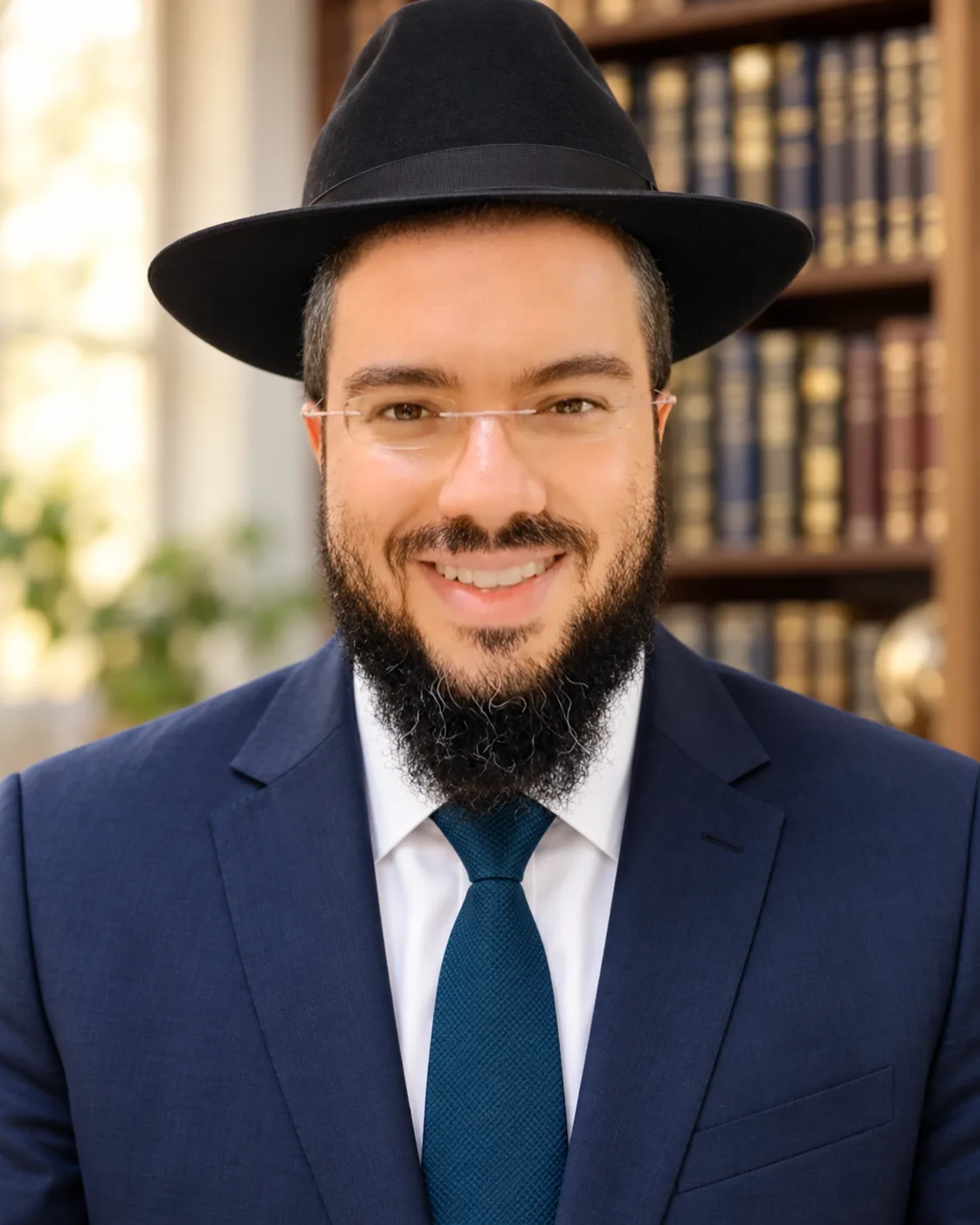 Rabbi Rachamim Bitton, smiling in a black hat and navy suit