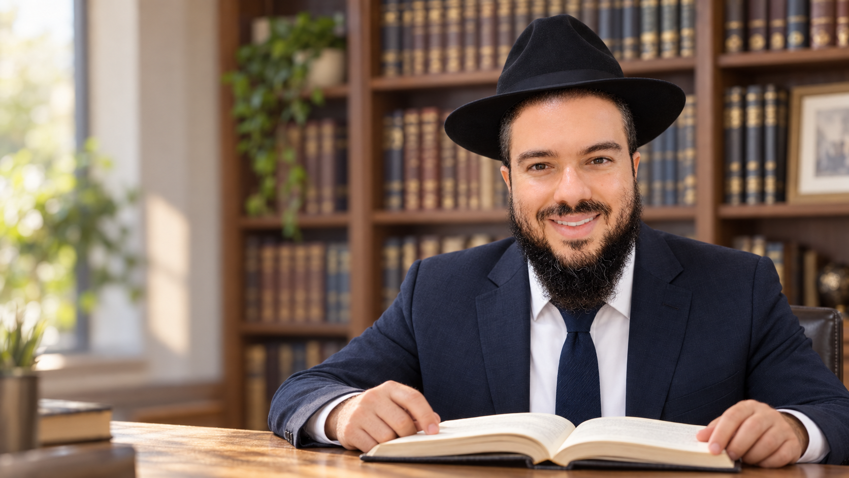 Rabbi Rachamim Bitton at a study table in front of bookshelves