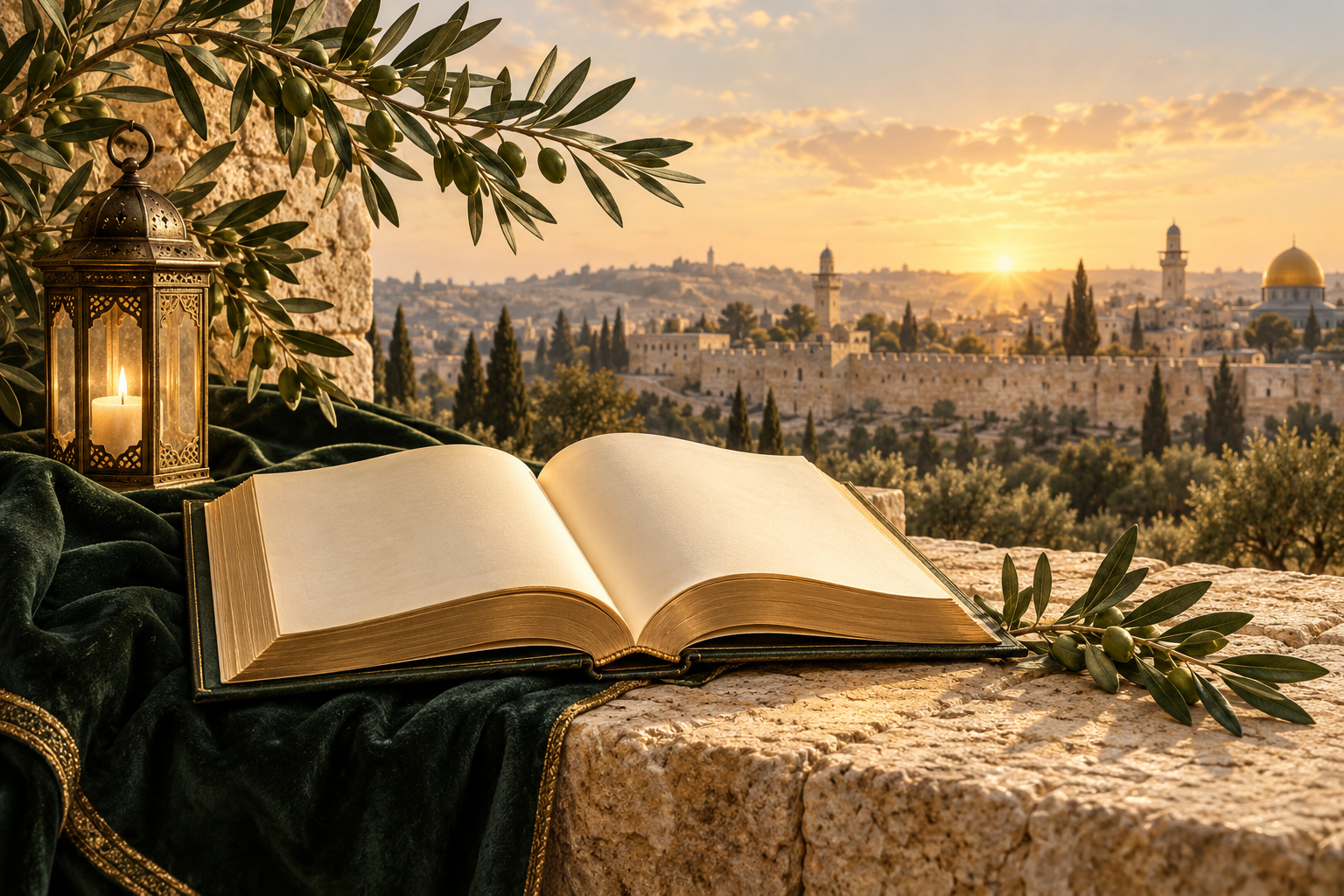 An open book and lantern overlooking Jerusalem at sunrise