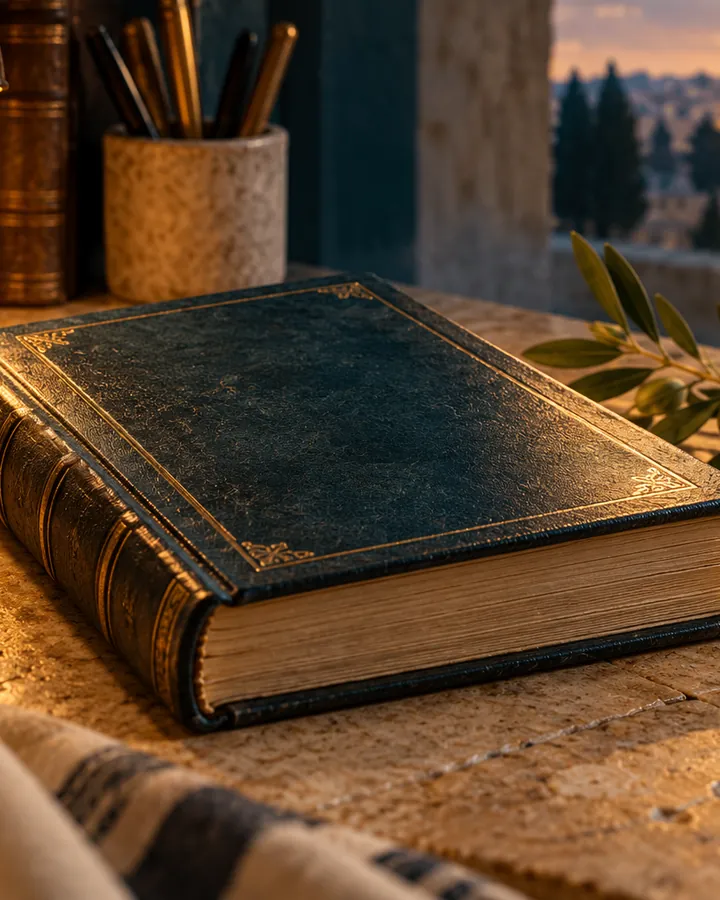 Illustration of an open study book with an olive branch in warm Jerusalem light