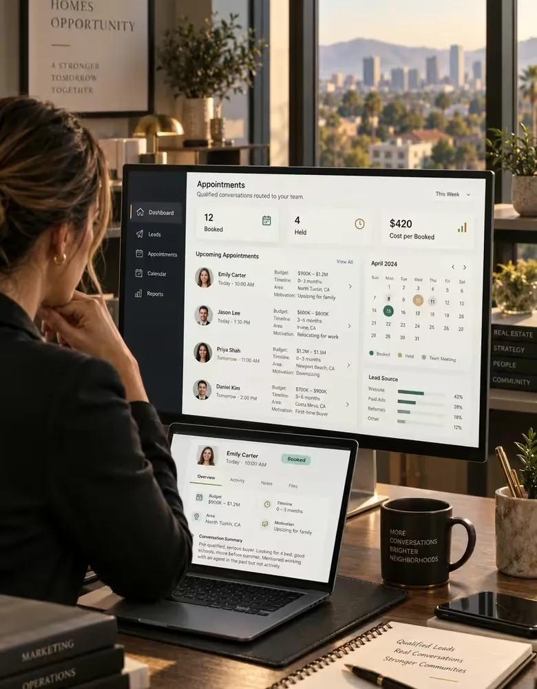 An appointments dashboard showing booked and held meetings with context