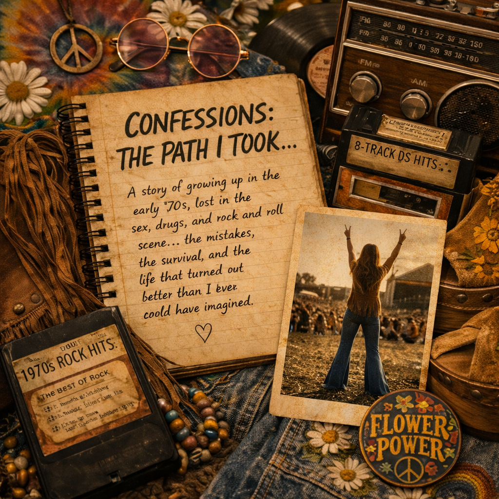 1970s-themed flat lay with notebook, 8-track tape, platform shoes, and peace sign photo representing a reflective life journey.