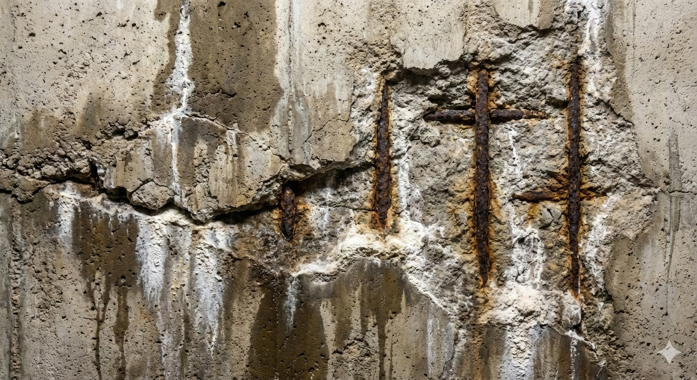 Spalling concrete with exposed corroded rebar from water damage