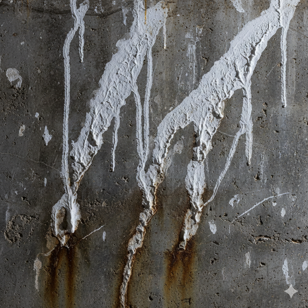 Water leak paths and
  mineral deposits on concrete wall