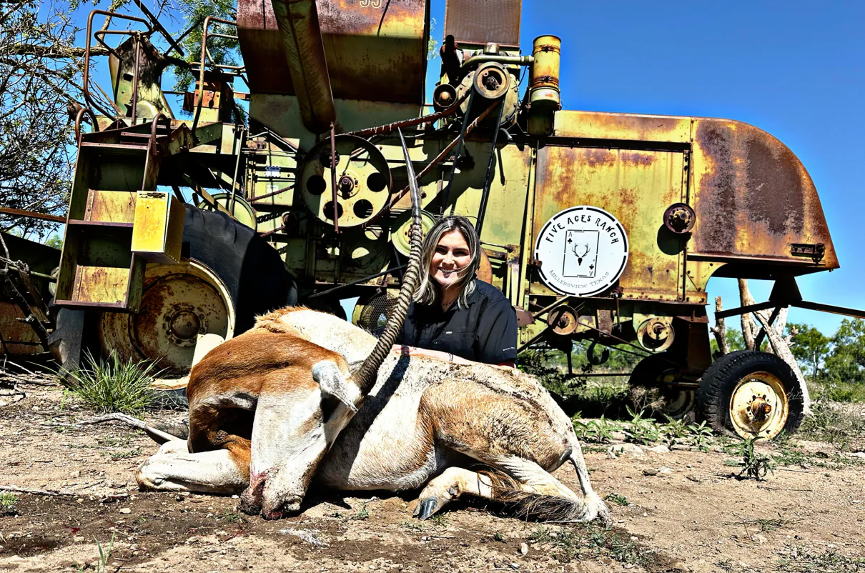 Hunter with trophy gemsbok harvested at Five Aces Ranch in Millersview, TX.