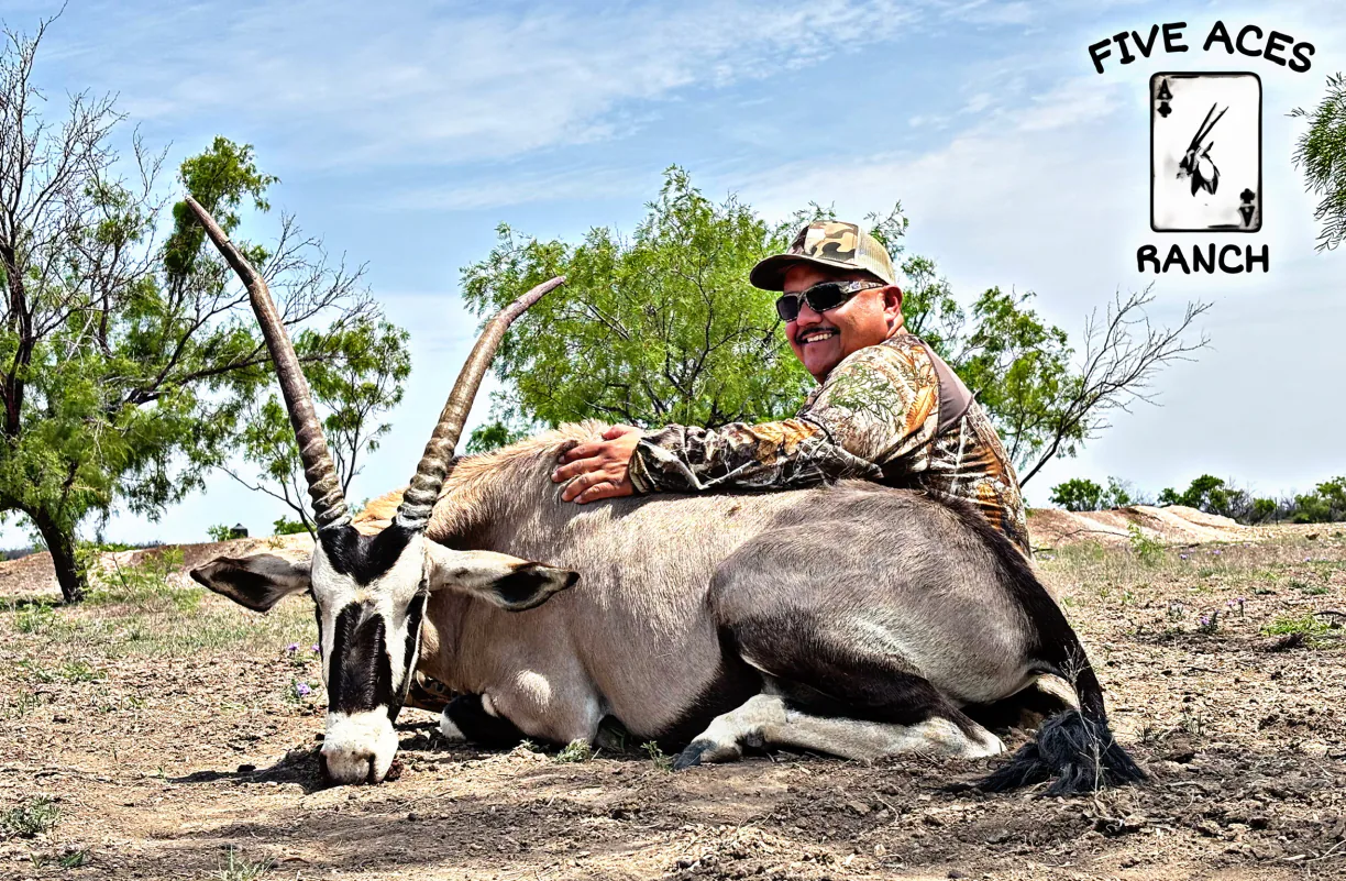 Hunter with trophy gemsbok harvested at Five Aces Ranch in Millersview, TX.