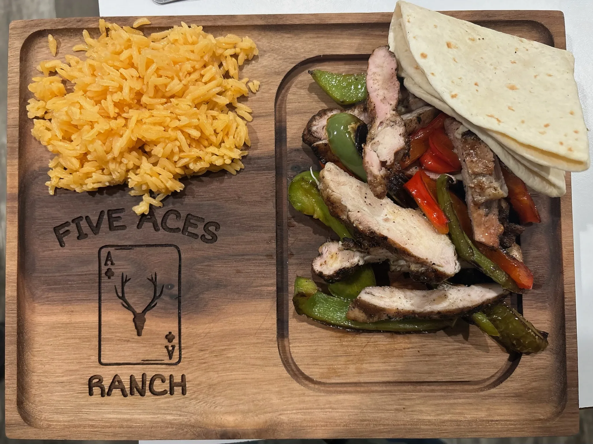 Chicken fajitas served at the Five Aces Ranch lodge