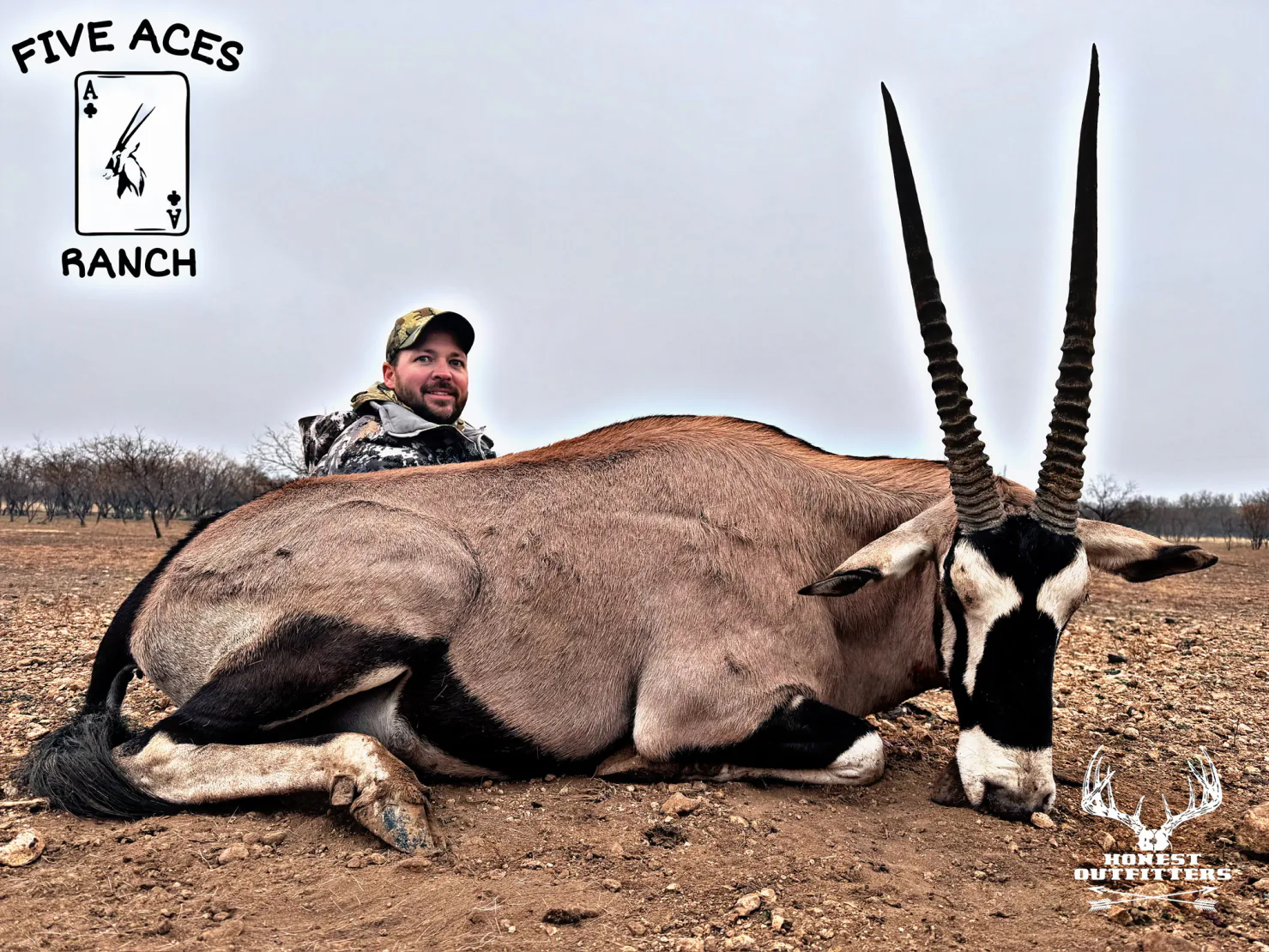 Hunter with trophy gemsbok harvested at Five Aces Ranch in Millersview, TX.