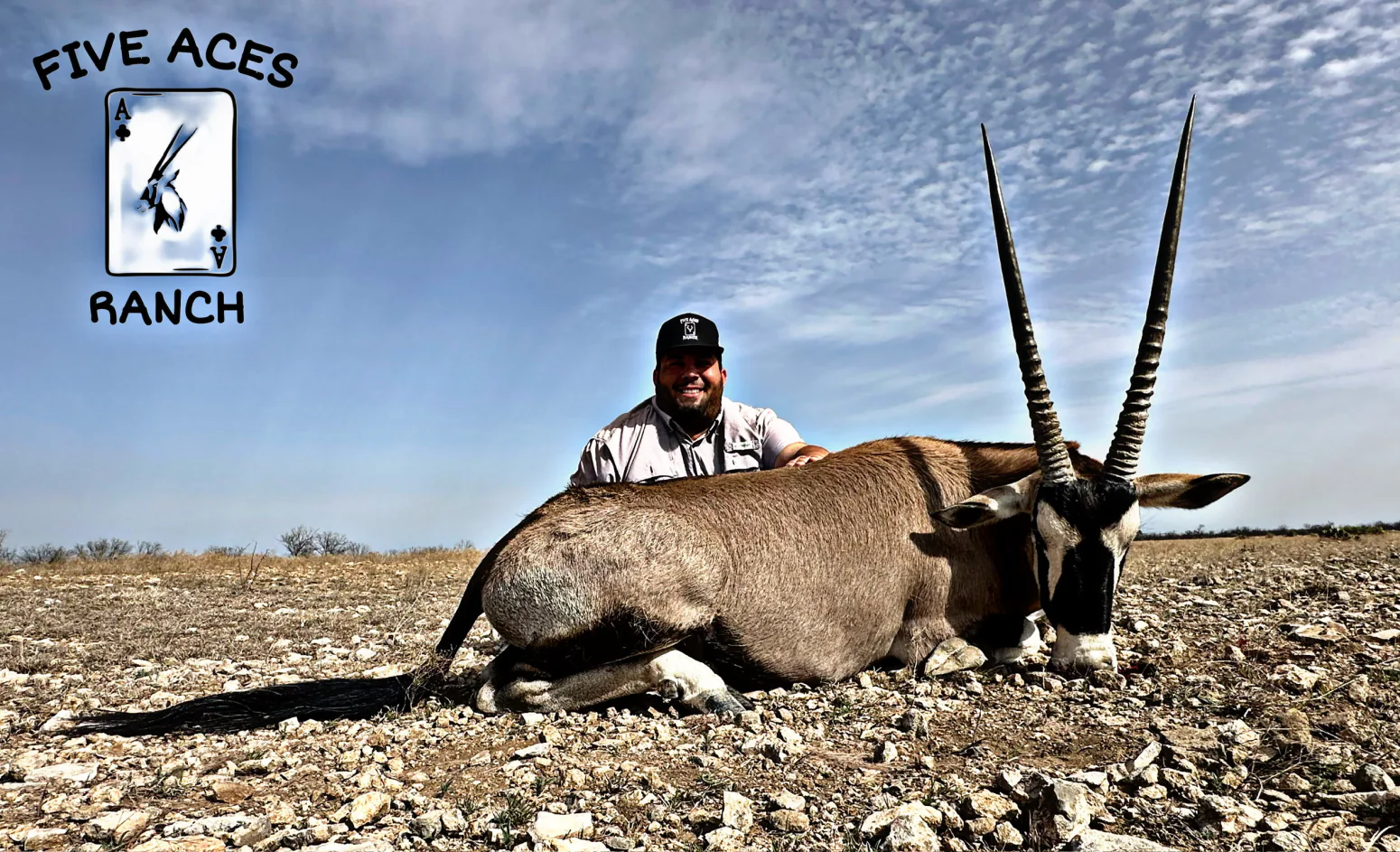 Hunter with trophy gemsbok harvested at Five Aces Ranch in Millersview, TX.