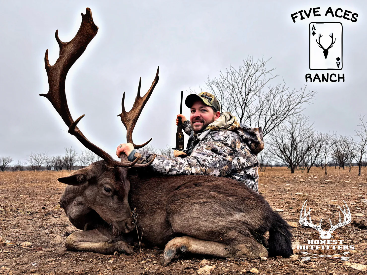 Hunter with trophy fallow deer harvested at Five Aces Ranch in Millersview, TX.