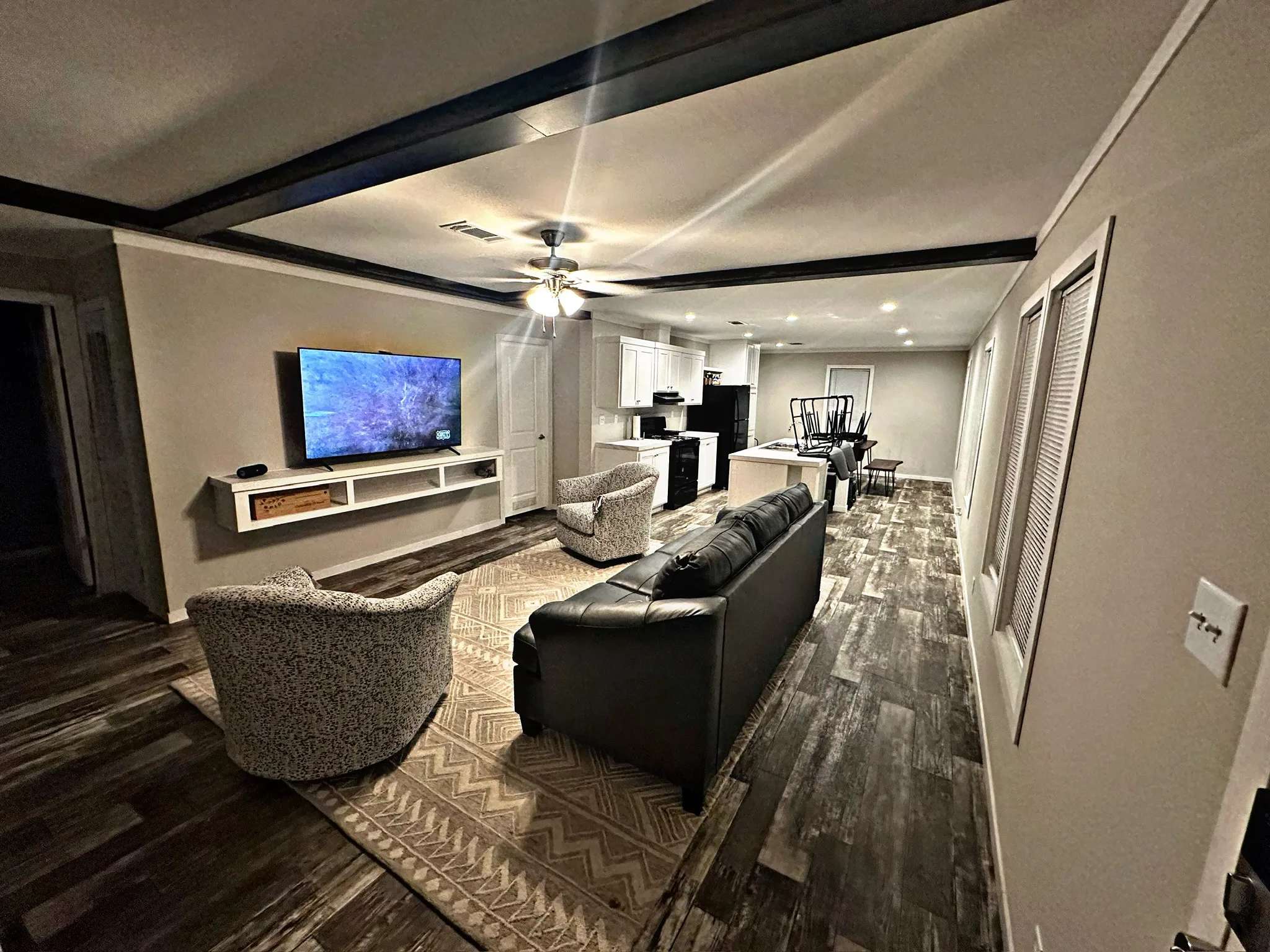 Open-concept living area at the Five Aces Ranch lodge, Concho County TX
