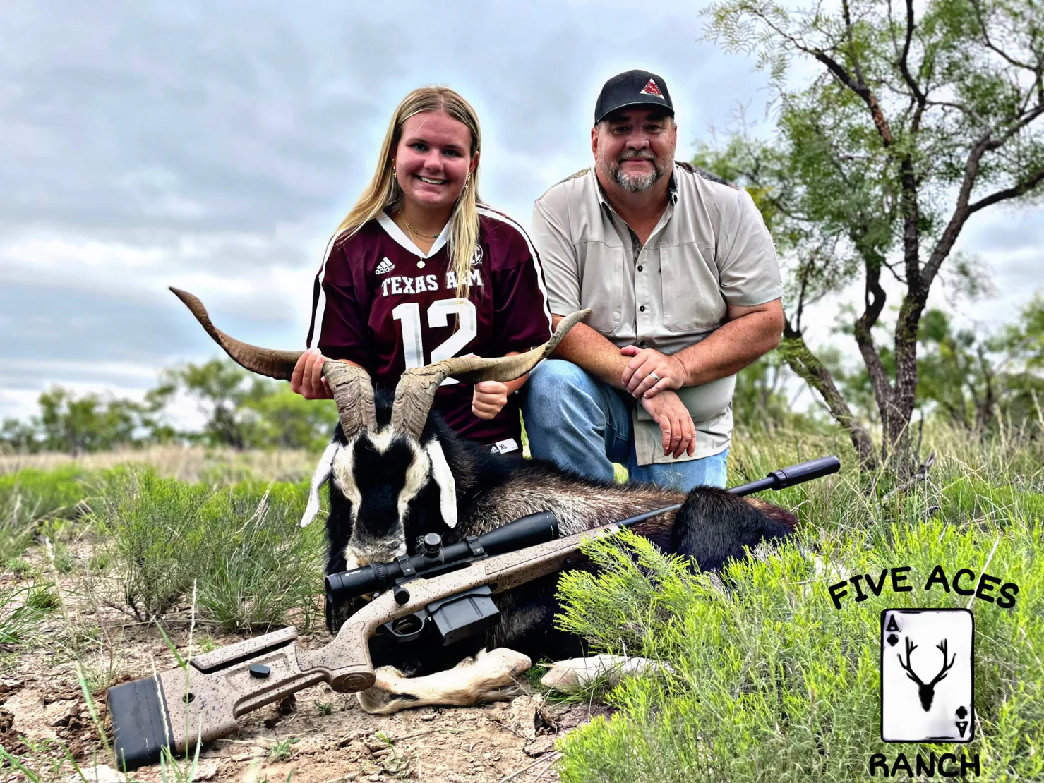 Hunter with trophy catalina goat harvested at Five Aces Ranch in Millersview, TX.