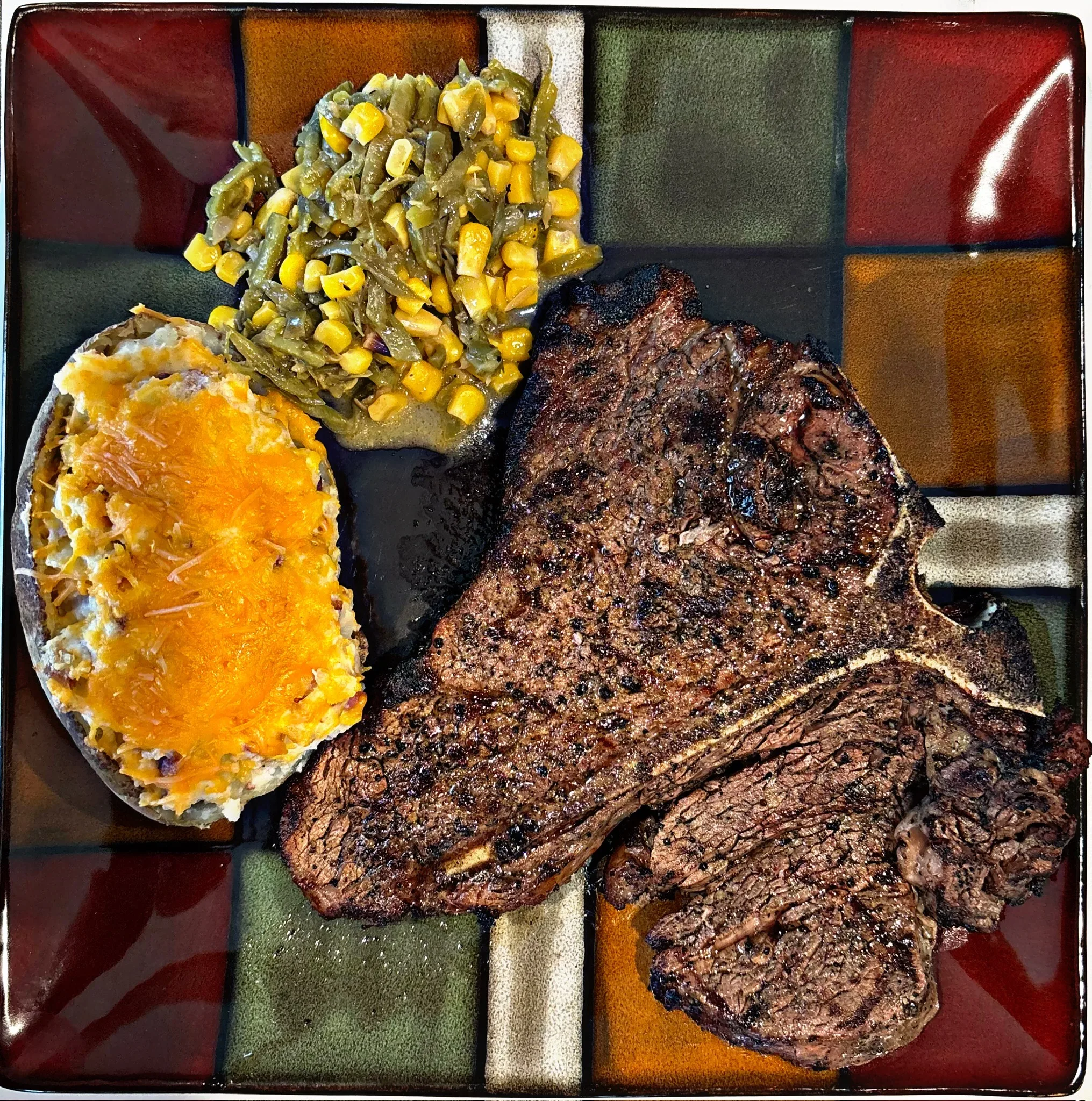 T-bone steak dinner at the Five Aces Ranch lodge, Concho County TX