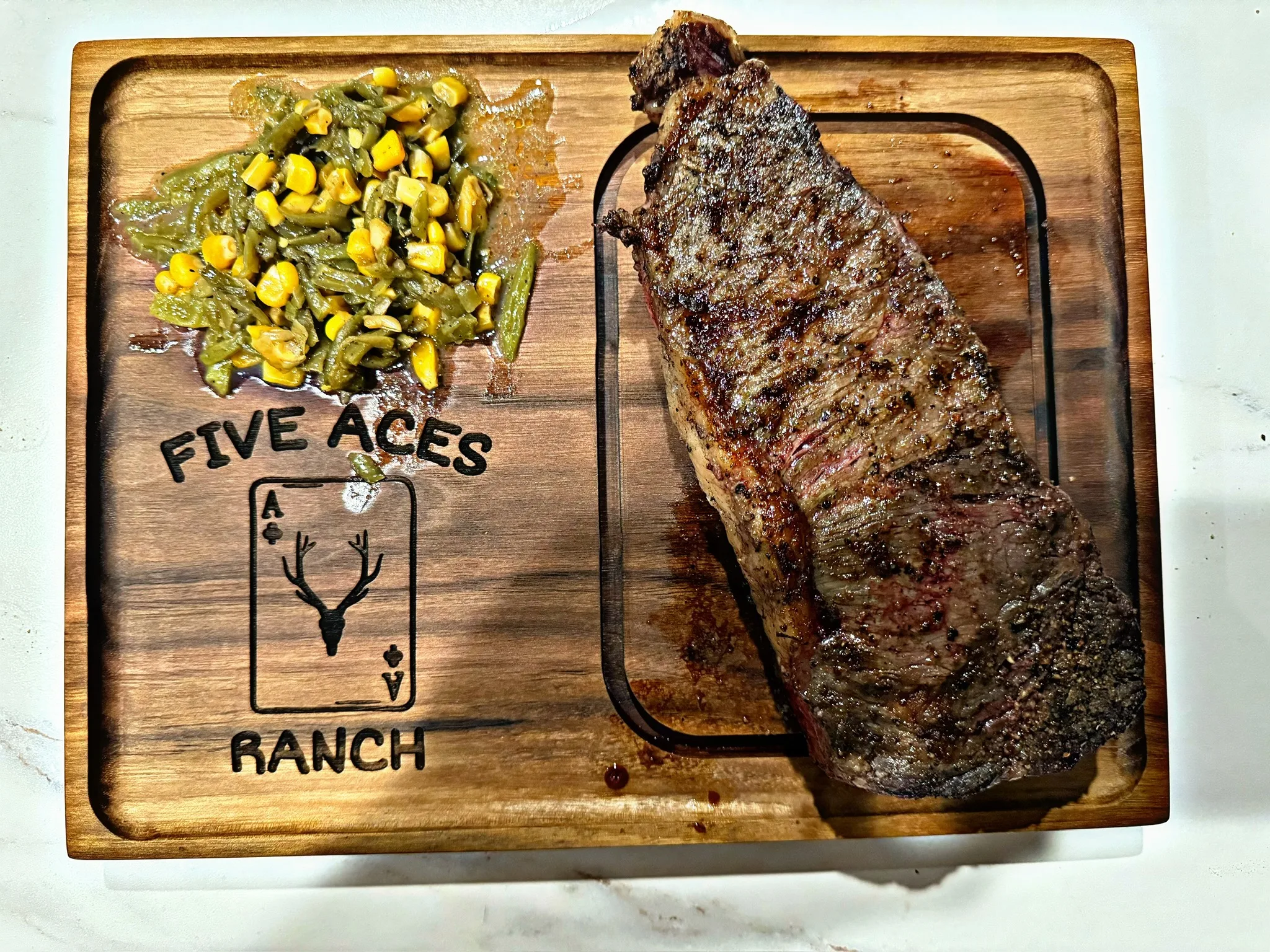 Hand-cut ribeye dinner at the Five Aces Ranch lodge, Millersview TX